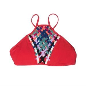 Red Carter Woven Front High Neck Bikini Top Medium